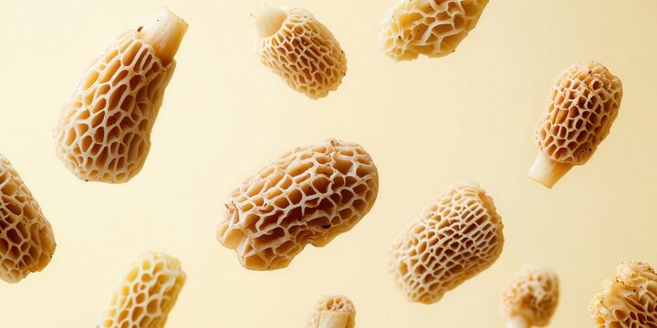 Floating morel mushrooms with honeycomb-like texture on a soft yellow background