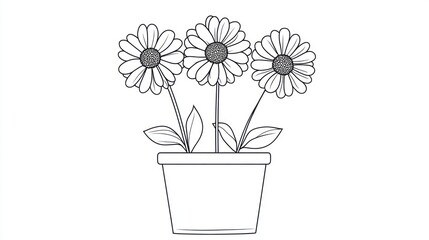 Three Flowers in Pot - Simple Line Art