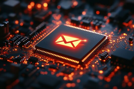 Graphic layout showcasing a computer chip with an email symbol glowing in orange hues