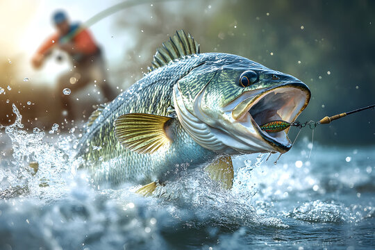 Pike fishing. Fisherman catch big muskie fish with splash in water
