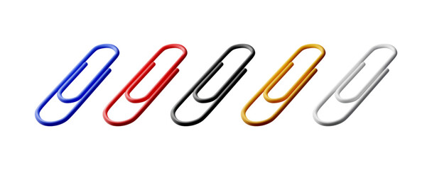 3D set of colored paper clips isolated on white. Render collection of paperclip icons. Tools for education and work. Stationery and office supply. Vector illustration