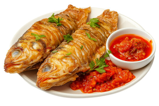 Senegalese fataya fish pastries with chili sauce isolated on transparent white background
