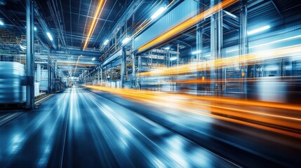 Obraz premium High-speed motion blur of a busy warehouse with lighting and a dark background. Digital blue, orange, and white color theme. Abstract concept for industrial logistics, a moving company, or stock photo