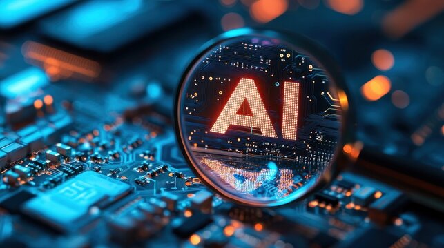 Magnifying glass over an "AI" logo on a circuit board, macro photography, close-up shot, bokeh effect, blurred background, high-resolution photography, depth of field, orange and blue lighting. 