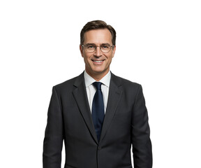 Portrait of a handsome smiling businessman in glasses and a tailored suit on transparent background