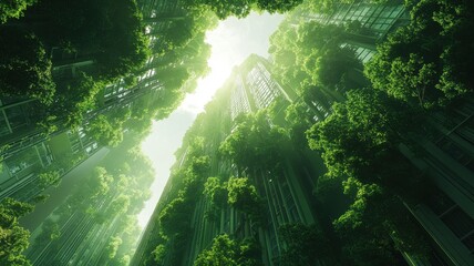 Urban jungle concept with skyscrapers and lush greenery in a futuristic cityscape. 3D urban landscape