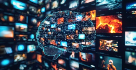 Creative digital brain with vivid multimedia elements representing knowledge and information processing in a futuristic environment