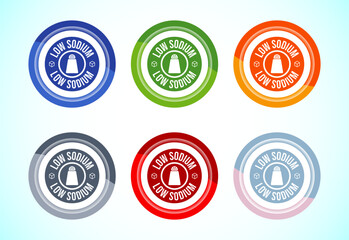 Low sodium icon design illustration, No salt sign, Salt free symbol, 6 color button design set