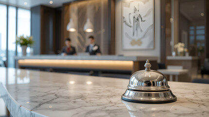 Modern luxury Hotel Reception Counter desk with Bell.  Service Bell locating at reception. Silver Call Bell on table, Receptionists on background. heck in hotel. Concept.