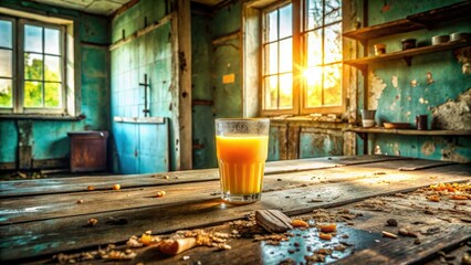 Obraz premium Rusting appliances, dust motes dance in the light, illuminating a lone orange juice carton. Urban decay's still life.