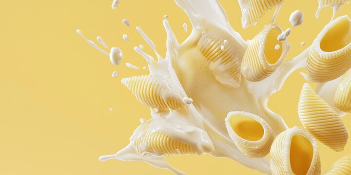 Floating pasta shells with creamy Alfredo sauce splashes on a pastel yellow background