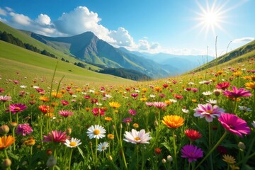Obraz premium Sun-drenched wildflowers carpet South Downs, vibrant blooms against chalky hills , England, pastel