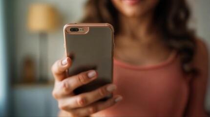 A woman holds a mobile phone and smiles while taking a selfie.