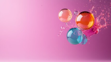 An enchanting display of colorful bubbles, featuring pink, green, and orange hues, accompanied by splash effects against a soft pink background, radiating joy and creativity.
