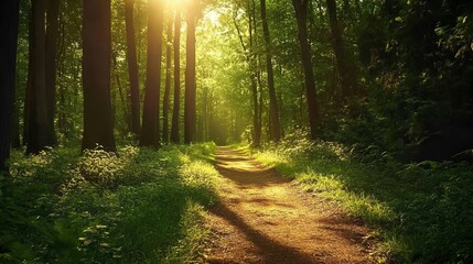 Obraz premium Wonderful sunny time in a forest with a long path