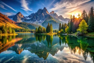 Obraz premium Serene mountain lake, reflecting majestic peaks; a breathtaking, tranquil scene.