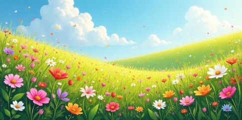 Fototapeta premium Swirling pastel wildflowers paint a summer hillside, field, countryside