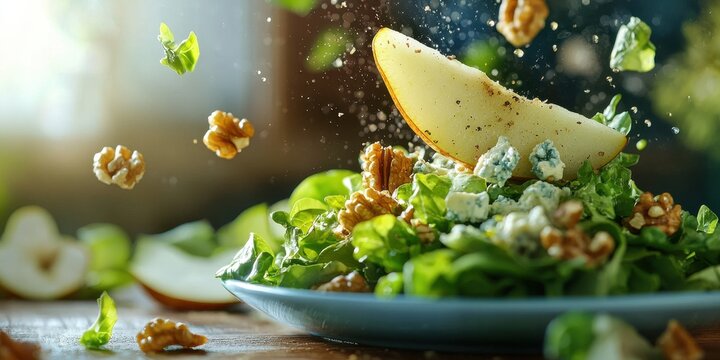 Floating pear and gorgonzola salad with walnuts on a blurred kitchen table background