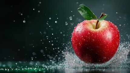A ripe red apple splashes into water, creating dynamic ripples and droplets, illustrating the freshness and allure of fruits while highlighting the beauty of natural movement.