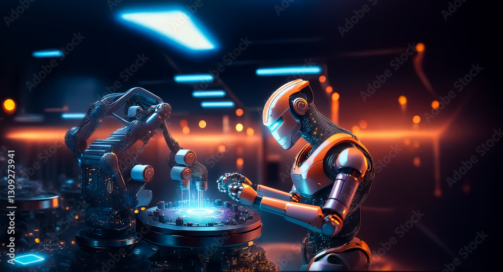 Leinwandbilder a robot and robotic arm collaborate in a dark, neon-lit futuristic setting. they are working togethe