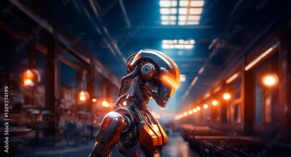 Poster sleek humanoid robot with glowing orange eyes stands in a dimly lit industrial factory. metal and ch