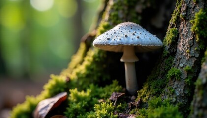 Fototapeta premium Grey mushroom growing in a crack of tree bark, shaded area, wood texture, epiphytes