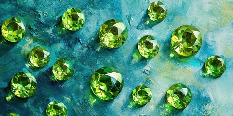 Floating peridot gems with a bright green sheen on a rich turquoise background