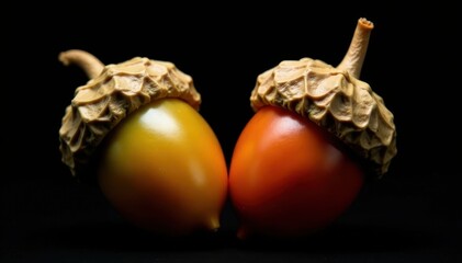 Two acorns, close-up, isolated on black background, acorns, detail, nature photography