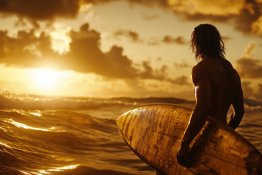 Surfer holds wooden eco-friendly surfboard at sunset by the ocean