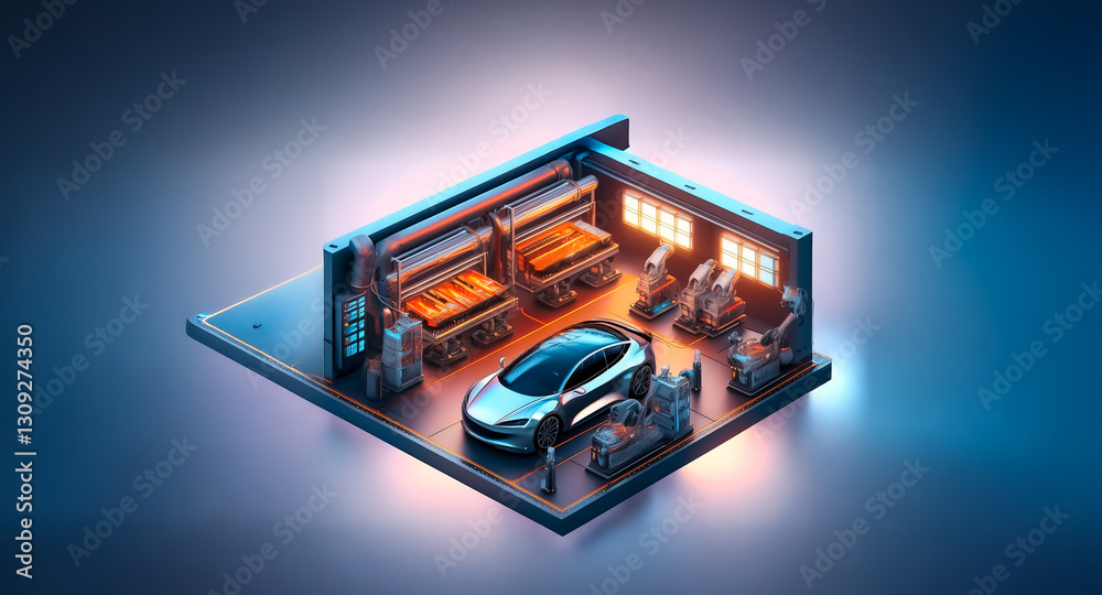Poster isometric view of a car manufacturing factory with robotic arms and a modern car inside, showcasing 