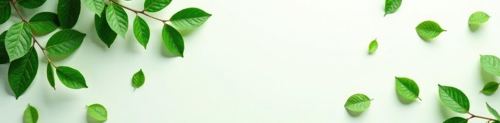 Obraz premium Leafy green foliage scattered on a pure white surface, with natural textures and soft light, texture, landscape