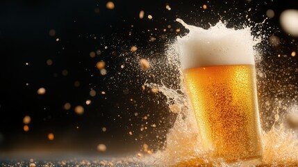 An energetic splash of beer captured in motion, showcasing the exhilarating moments of pouring a refreshing drink, embodying joy, fun, and celebration.