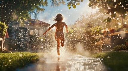 A child running through a sprinkler in a sunny backyard, with water droplets sparkling mid-air, styled playfully