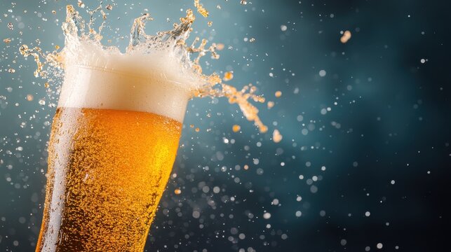 A captivating beer glass captured mid-splash, radiating vibrant colors and textures, representing joy and celebration in a striking visual format.