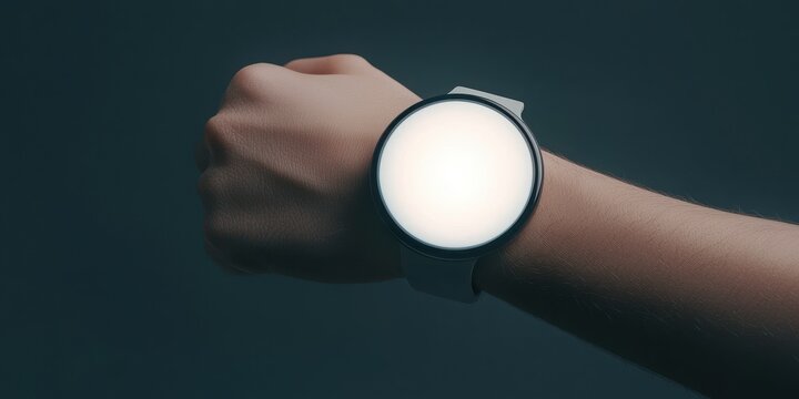 Startup culture growth hacking concept. A close-up of a hand wearing a minimalist smartwatch on a dark background, featuring a blank display and a sleek design.