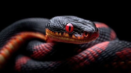 Fototapeta premium This striking close-up showcases a snake with vibrant scales and piercing red eyes, highlighting its intricate texture and captivating beauty in a dramatic setting.