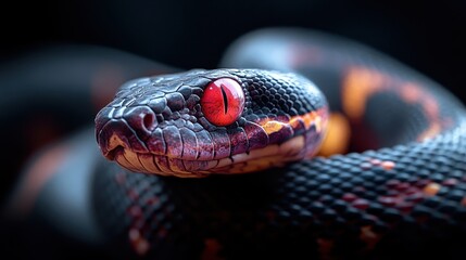 Fototapeta premium This dramatic portrait features a snake with strikingly bright coloration and an intense gaze, captured in a manner that emphasizes its captivating beauty and fierce character.