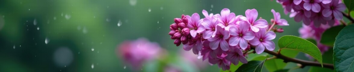 Obraz premium Lilac flowers blooming in the midst of a rainy afternoon, garden, rainy