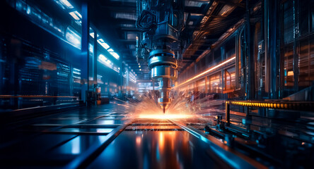 A futuristic factory interior showcases a robotic arm precisely welding metal, creating bright sparks in a modern industrial setting with blue and orange lights.