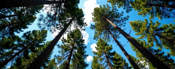 Fototapeta premium Pine trees stretch towards the sky with trunks and branches intertwined, trunks, forest, organic