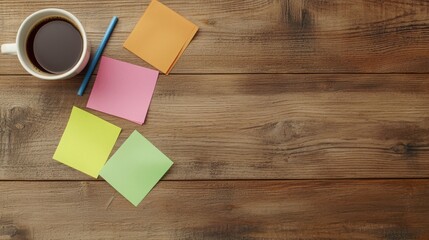 Startup culture growth hacking concept. A cozy workspace scene featuring a cup of coffee, colorful sticky notes, and a blue pen on a wooden table, ideal for brainstorming or planning.
