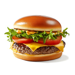 A big, isolated cheeseburger with grilled beef and lettuce on a white bun