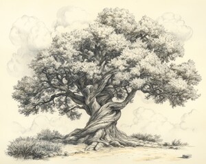 Ancient Tree Drawing, Cloudy Sky