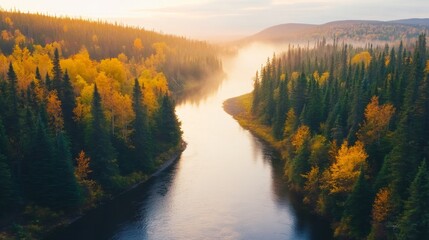 Fototapeta premium Serene autumn landscape showcasing a winding river surrounded by vibrant foliage at sunrise