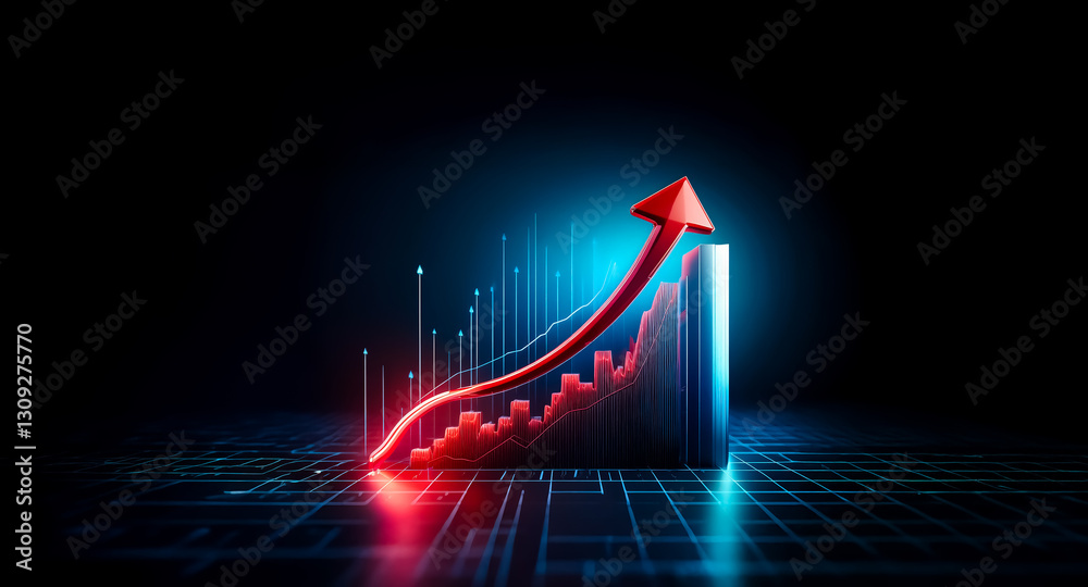 Fototapete a vibrant red arrow ascends diagonally, representing growth on a graph. dynamic blue lines add depth