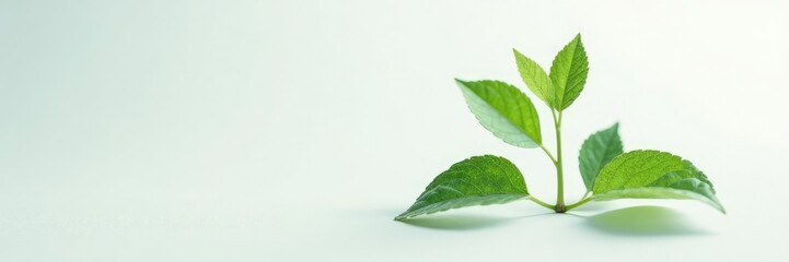 Fototapeta premium Plant with delicate stem and leaves on white surface, foliage, detail