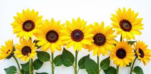 Fototapeta premium Vibrant yellow sunflowers, bright petals, crisp white backdrop, yellow, bright