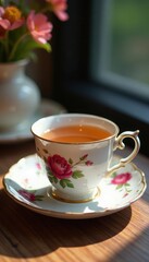 White teacup with intricate floral motif on matching saucer , floral, morning
