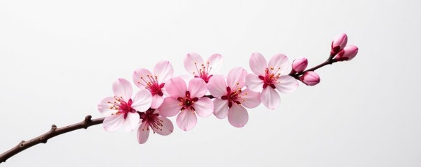 Single branch with soft pink flowers against white background, blossoms, branches, blooms