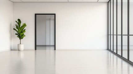 Obraz premium Startup culture growth hacking concept. A bright, minimalist room with a door, large windows, and a potted plant, offering a clean and open aesthetic.